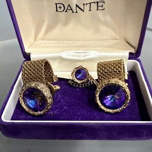 DANTE Purple Rhinestone Vintage Cufflinks & Tie Pin, Old school,  Pimp Status